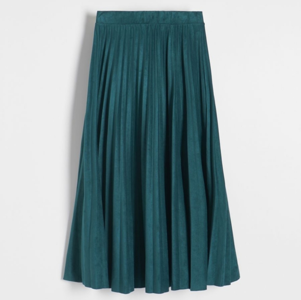 Deep Green Pleated Skirt Front Slit Midi Size XS